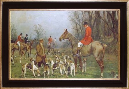 schilderij Engelse jacht met paarden en ruiters in rode jas
