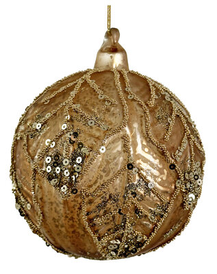 kerstbal glas antique goud met bladeren